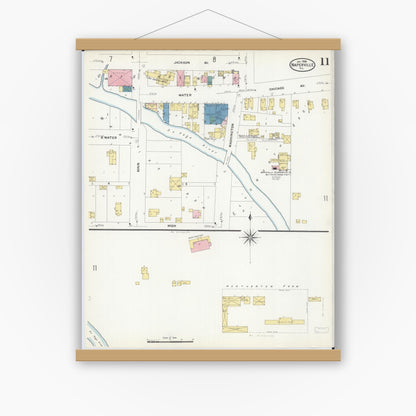 Old map wall art mockup — magnetic wood frame on white wall — Sanborn Fire Insurance Map from Naperville, Du Page County, Illinois (1909), Sheet #0011