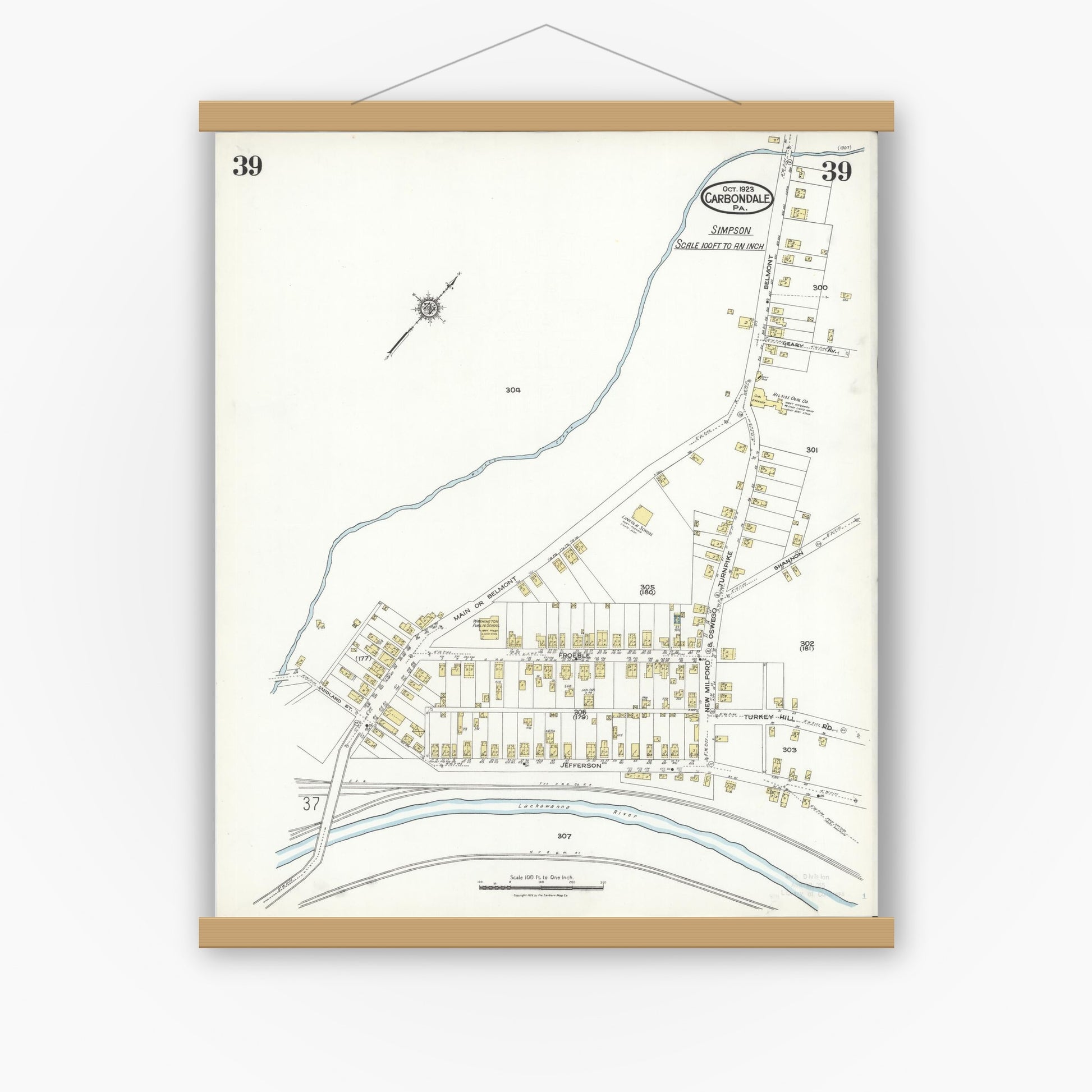 Old map wall art mockup — magnetic wood frame on white wall — Sanborn Fire Insurance Map from Carbondale, Lackawanna County, Pennsylvania (1923), Sheet #0039
