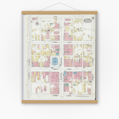 Old map wall art mockup — magnetic wood frame on white wall — Sanborn Fire Insurance Map from Marion, Marion County, Ohio (1892), Sheet #0003