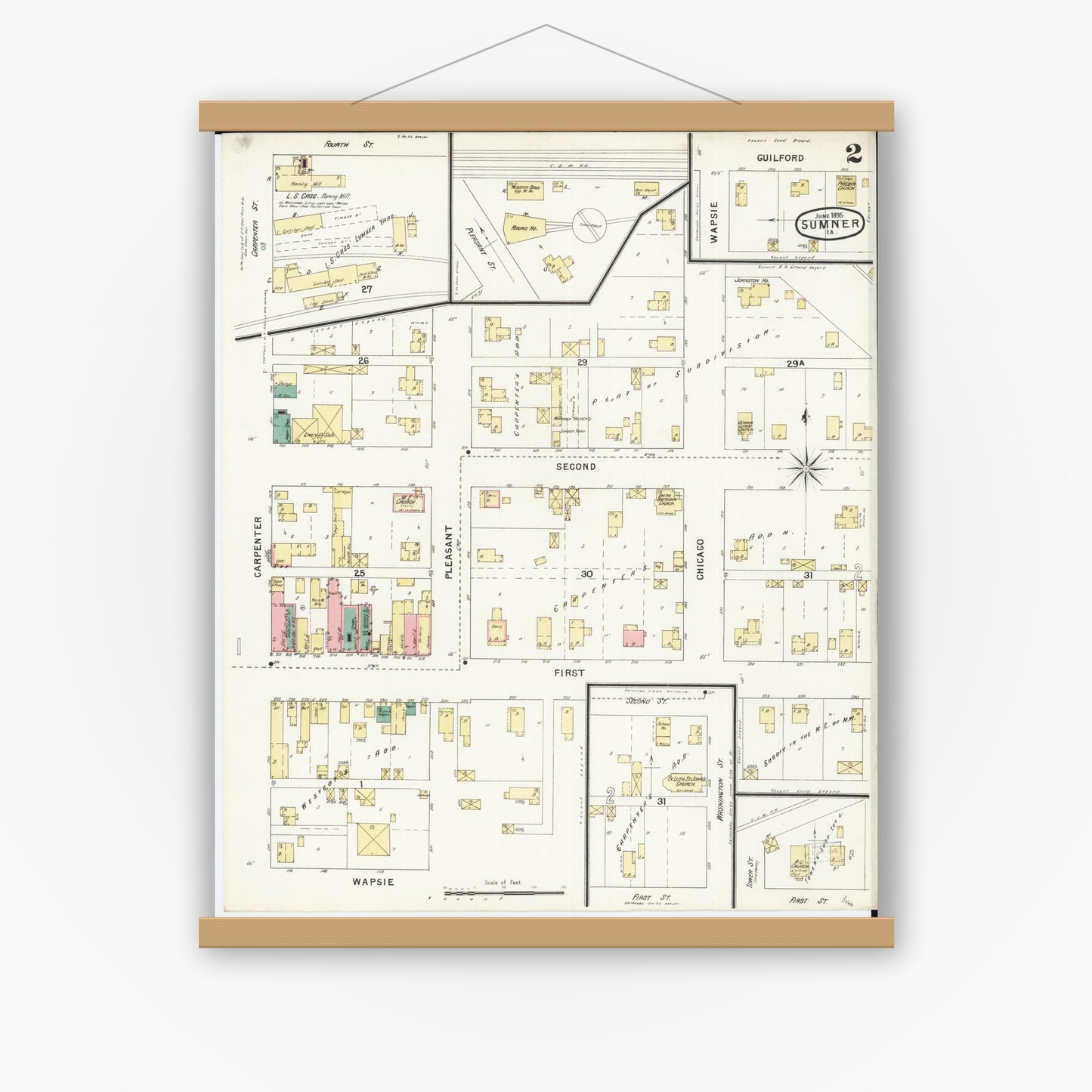 Old map wall art mockup — magnetic wood frame on white wall — Sanborn Fire Insurance Map from Sumner, Bremer County, Iowa (1895), Sheet #0002