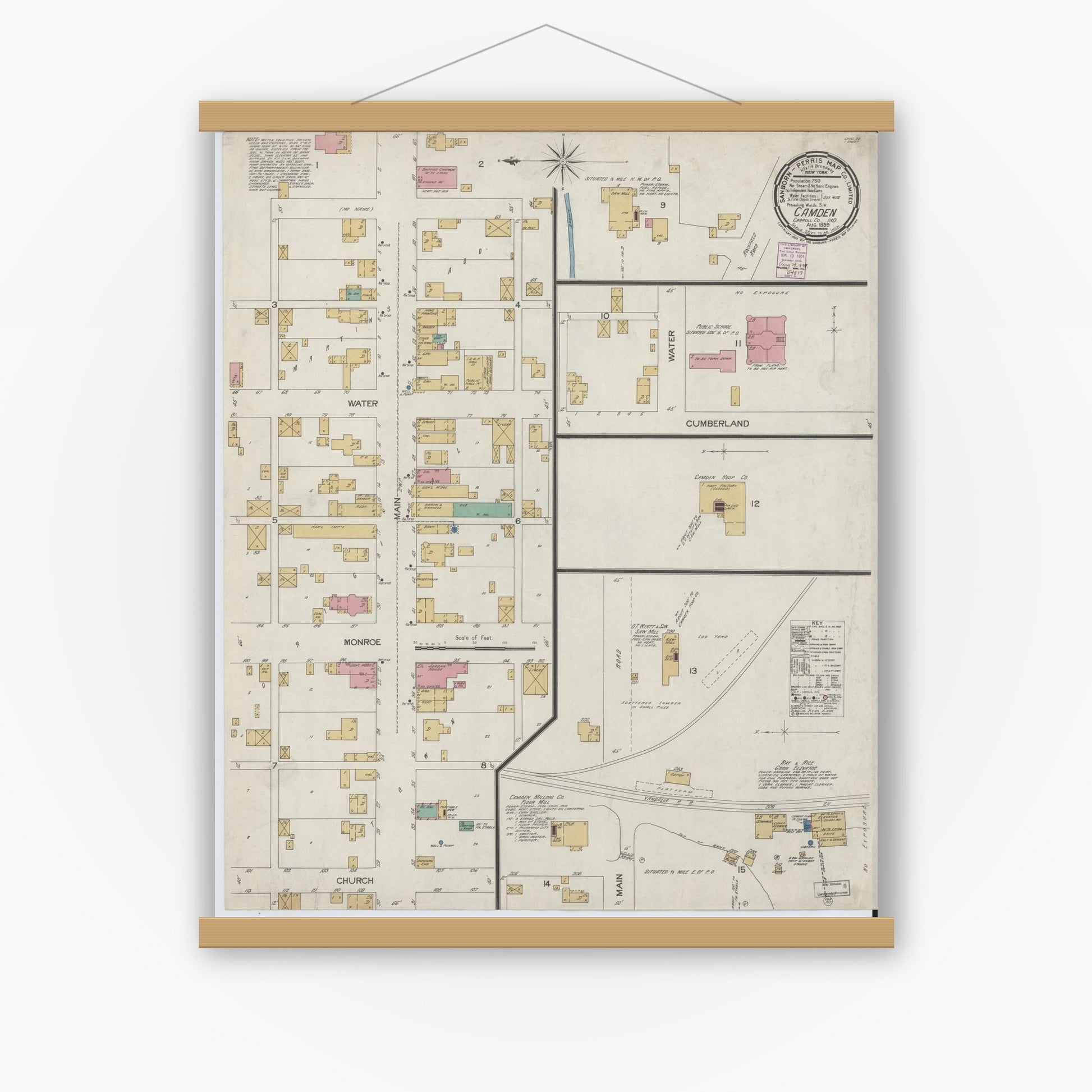 Old map wall art mockup — magnetic wood frame on white wall — Sanborn Fire Insurance Map from Camden, Carroll County, Indiana (1899), Sheet #0001