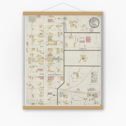 Old map wall art mockup — magnetic wood frame on white wall — Sanborn Fire Insurance Map from Camden, Carroll County, Indiana (1899), Sheet #0001