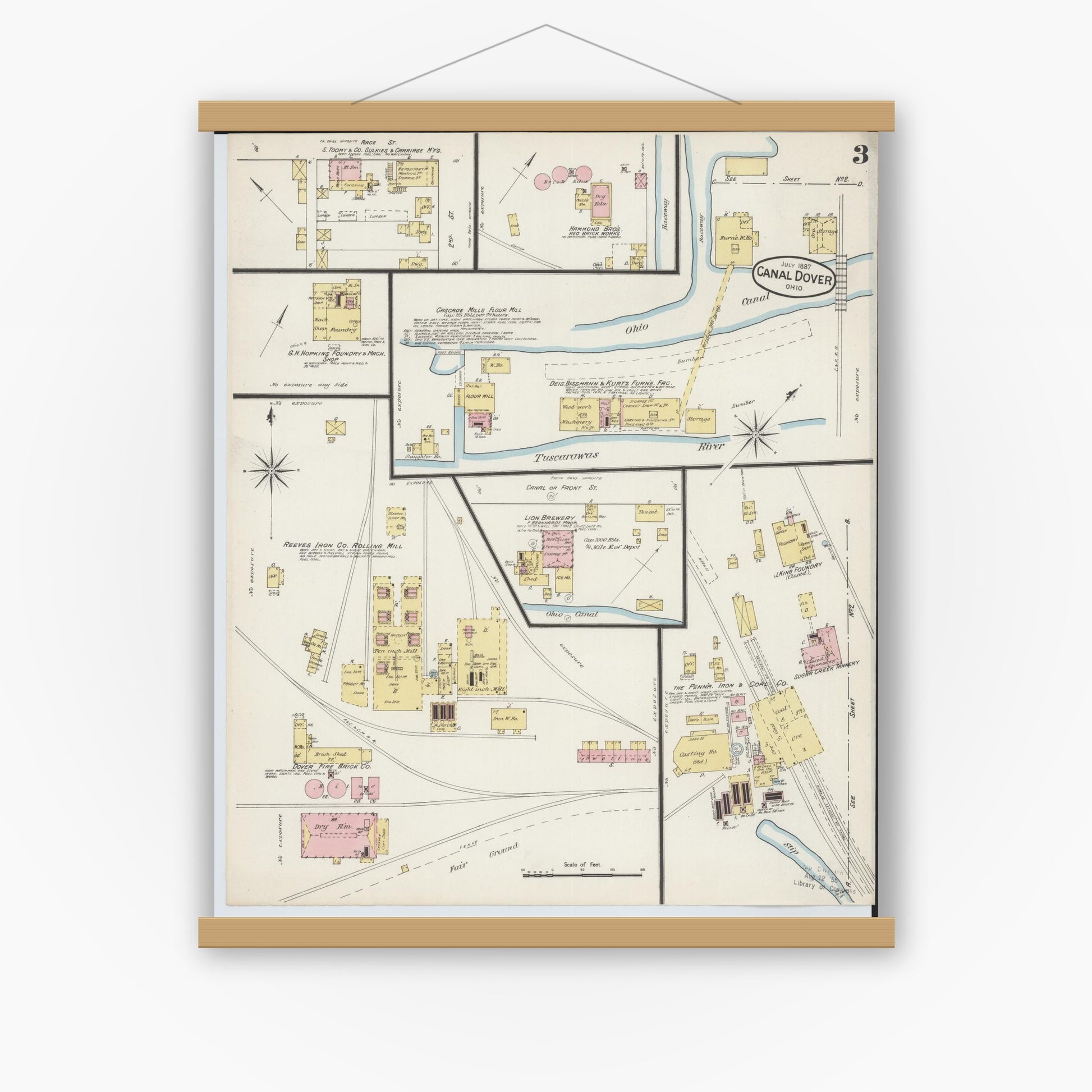 Old map wall art mockup — magnetic wood frame on white wall — Sanborn Fire Insurance Map from Canal Dover, Tuscarawas County, Ohio (1887), Sheet #0003