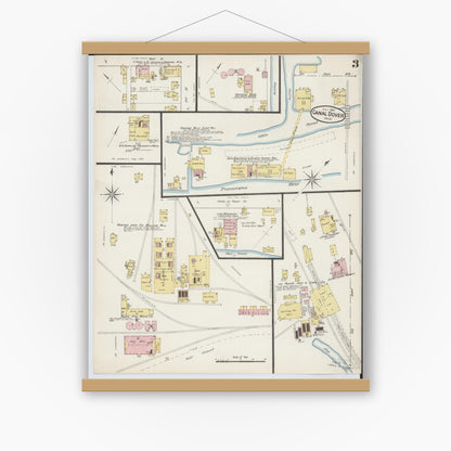 Old map wall art mockup — magnetic wood frame on white wall — Sanborn Fire Insurance Map from Canal Dover, Tuscarawas County, Ohio (1887), Sheet #0003