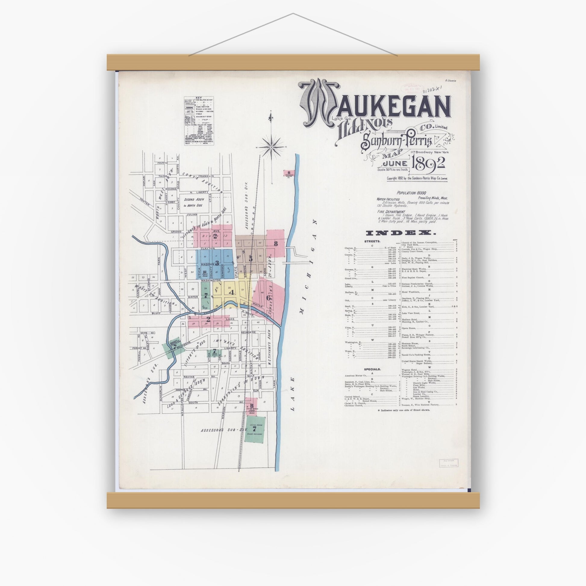 Old map wall art mockup — magnetic wood frame on white wall — Sanborn Fire Insurance Map from Waukegan, Lake County, Illinois (1892) - Complete Map Set