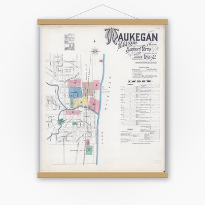 Old map wall art mockup — magnetic wood frame on white wall — Sanborn Fire Insurance Map from Waukegan, Lake County, Illinois (1892) - Complete Map Set