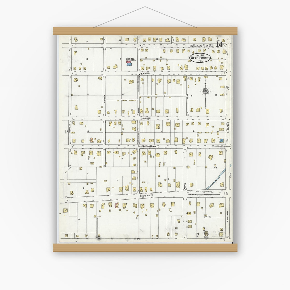 Old map wall art mockup — magnetic wood frame on white wall — Sanborn Fire Insurance Map from Weatherford, Parker County, Texas (1921), Sheet #0014