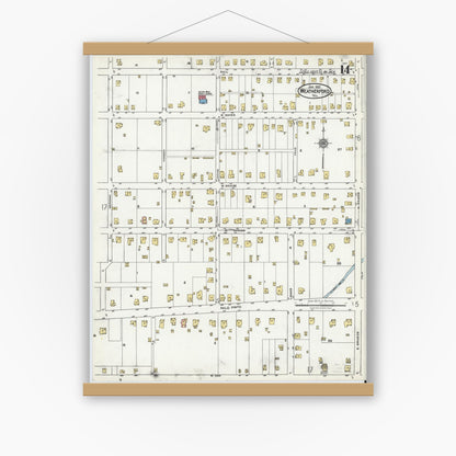 Old map wall art mockup — magnetic wood frame on white wall — Sanborn Fire Insurance Map from Weatherford, Parker County, Texas (1921), Sheet #0014