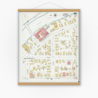 Old map wall art mockup — magnetic wood frame on white wall — Sanborn Fire Insurance Map from Lansing, Ingham County, Michigan (1906), Sheet #0026