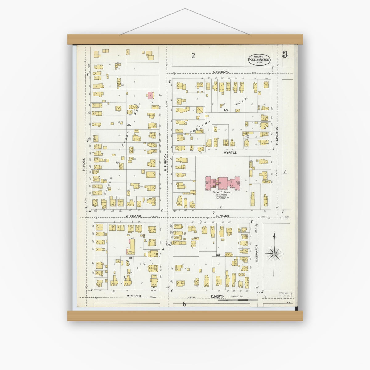 Old map wall art mockup — magnetic wood frame on white wall — Sanborn Fire Insurance Map from Kalamazoo, Kalamazoo County, Michigan (1902), Sheet #0003