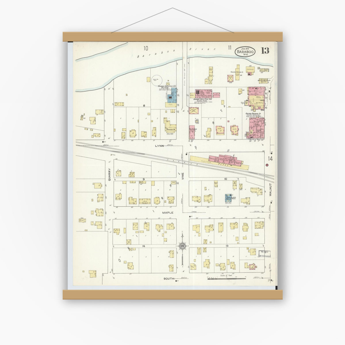 Old map wall art mockup — magnetic wood frame on white wall — Sanborn Fire Insurance Map from Baraboo, Sauk County, Wisconsin (1913), Sheet #0013