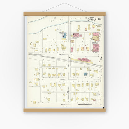 Old map wall art mockup — magnetic wood frame on white wall — Sanborn Fire Insurance Map from Baraboo, Sauk County, Wisconsin (1913), Sheet #0013