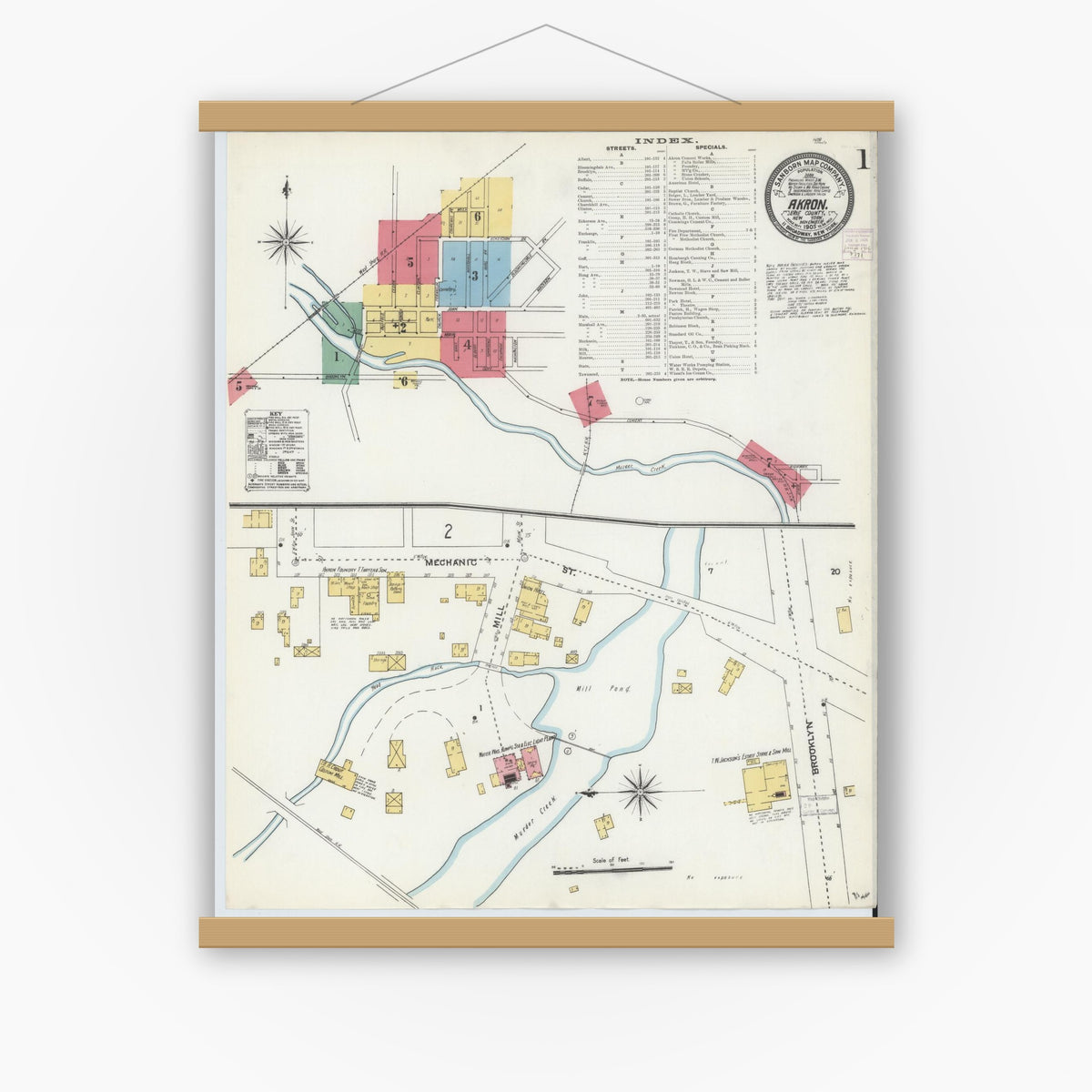 Old map wall art mockup — magnetic wood frame on white wall — Sanborn Fire Insurance Map from Akron, Erie County, New York (1905) - Complete Map Set