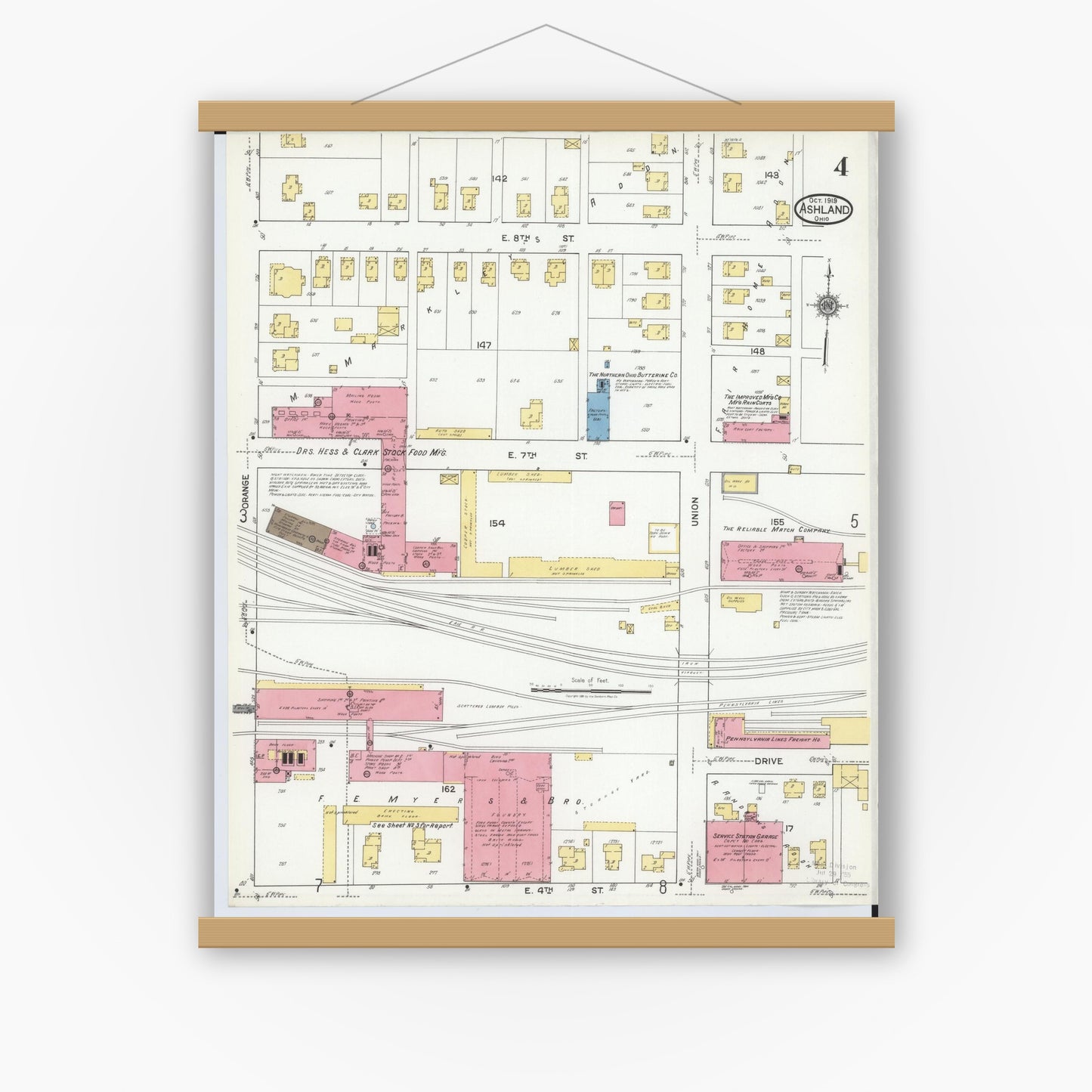 Old map wall art mockup — magnetic wood frame on white wall — Sanborn Fire Insurance Map from Ashland, Ashland County, Ohio (1919), Sheet #0004