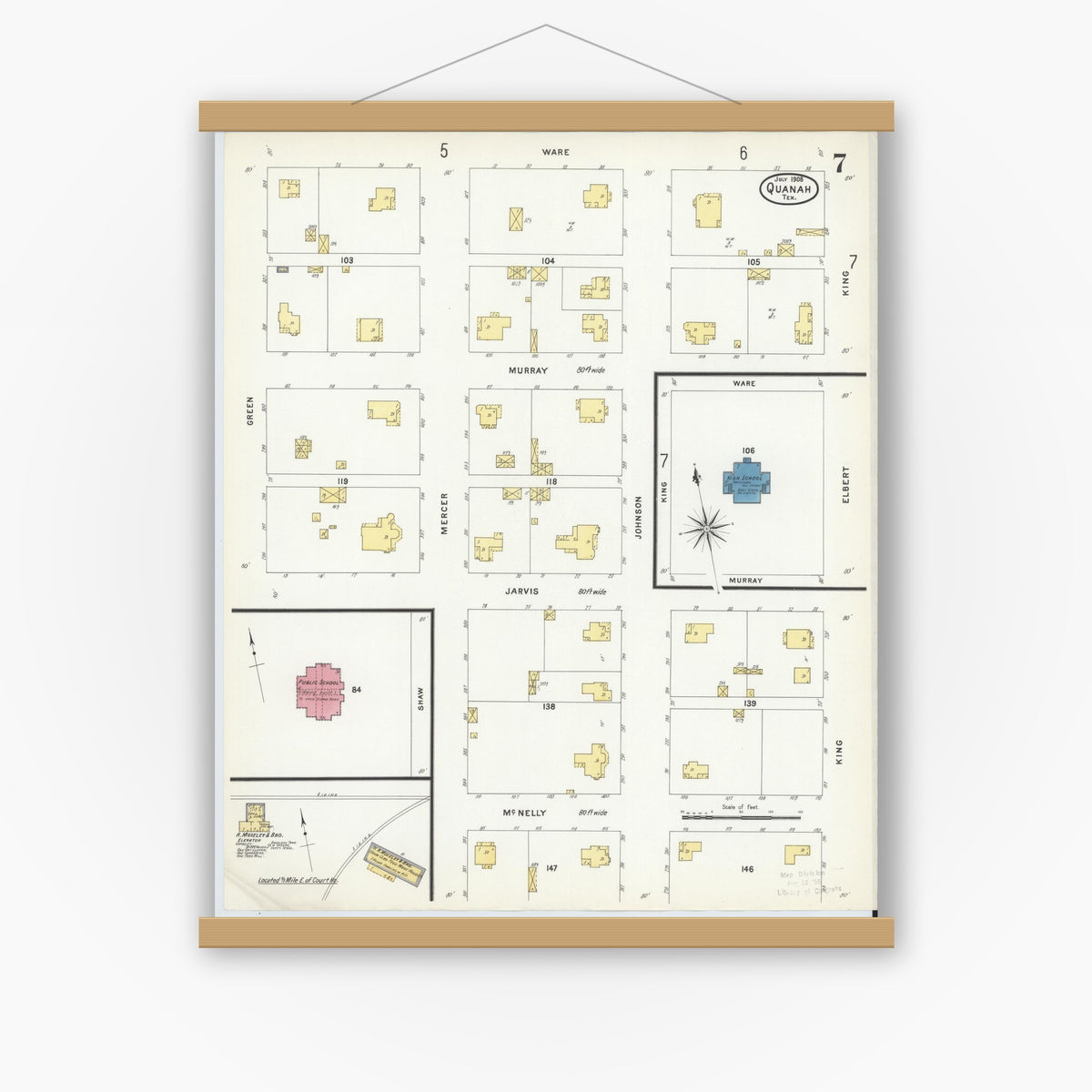 Old map wall art mockup — magnetic wood frame on white wall — Sanborn Fire Insurance Map from Quanah, Hardeman County, Texas (1908), Sheet #0007