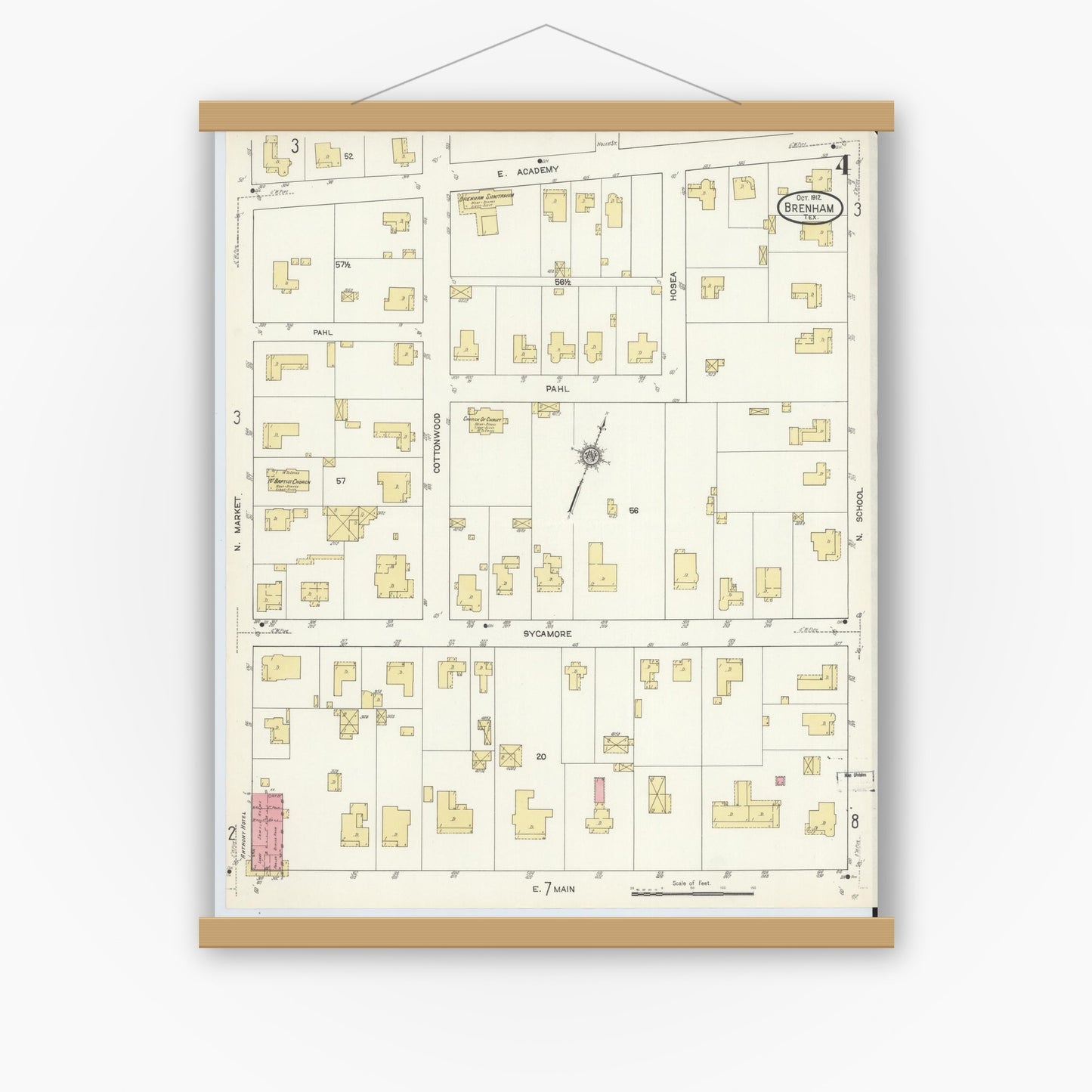 Old map wall art mockup — magnetic wood frame on white wall — Sanborn Fire Insurance Map from Brenham, Washington County, Texas (1912), Sheet #0004