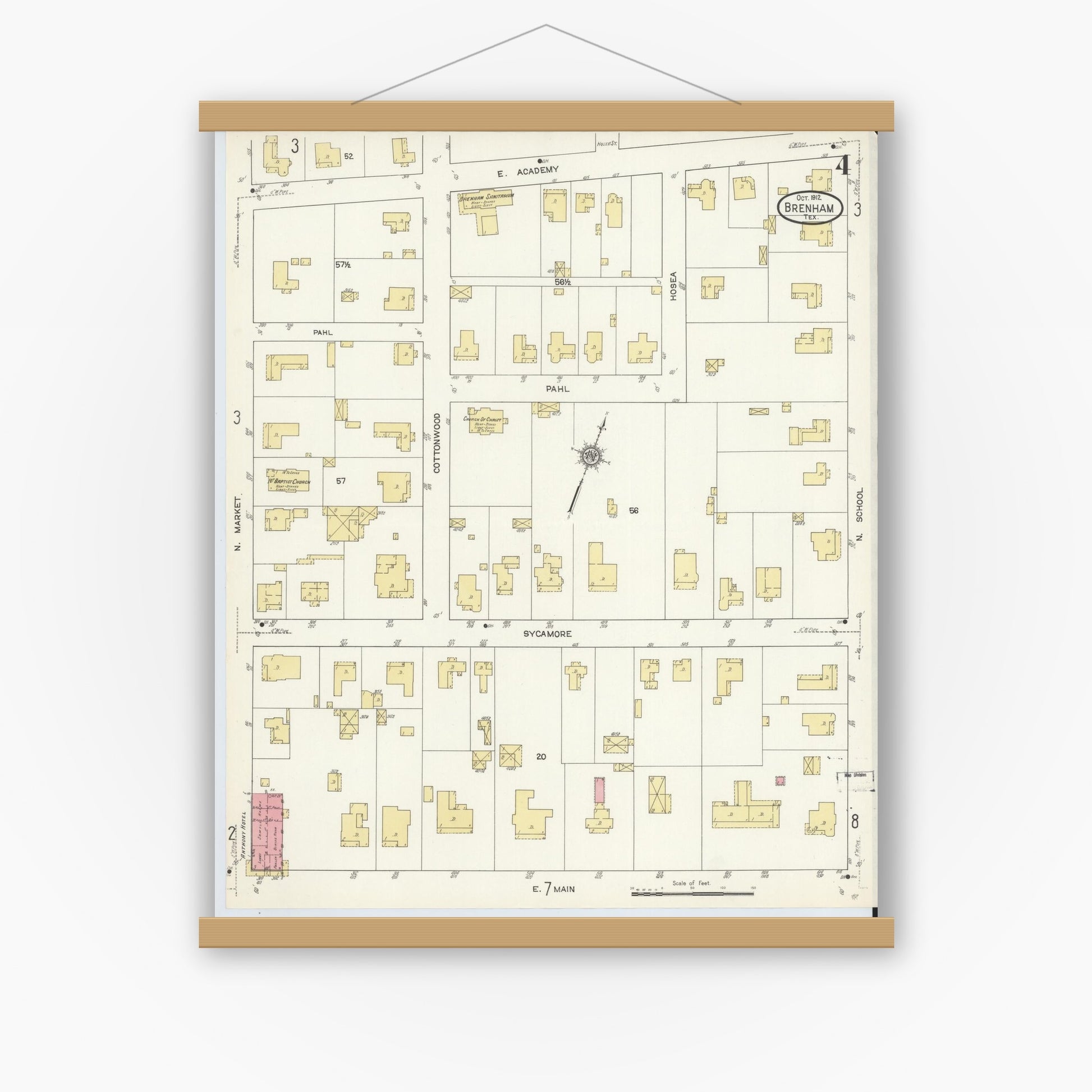 Old map wall art mockup — magnetic wood frame on white wall — Sanborn Fire Insurance Map from Brenham, Washington County, Texas (1912), Sheet #0004