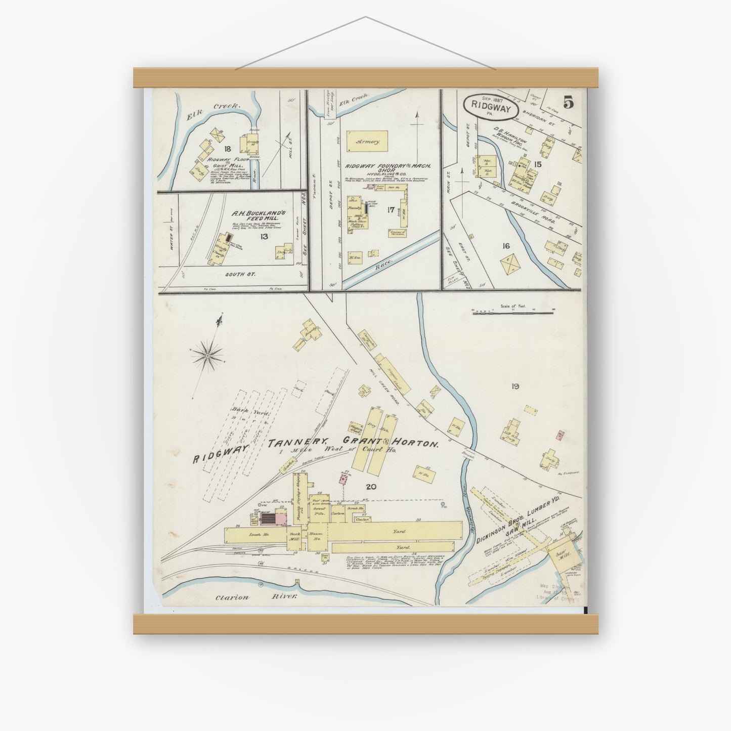 Old map wall art mockup — magnetic wood frame on white wall — Sanborn Fire Insurance Map from Ridgway, Elk County, Pennsylvania (1887), Sheet #0005