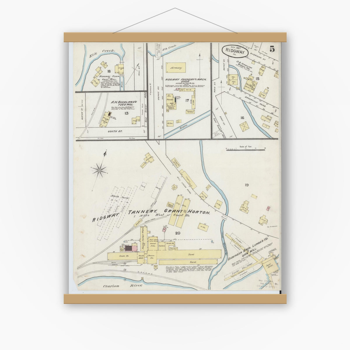 Old map wall art mockup — magnetic wood frame on white wall — Sanborn Fire Insurance Map from Ridgway, Elk County, Pennsylvania (1887), Sheet #0005
