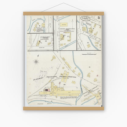 Old map wall art mockup — magnetic wood frame on white wall — Sanborn Fire Insurance Map from Ridgway, Elk County, Pennsylvania (1887), Sheet #0005