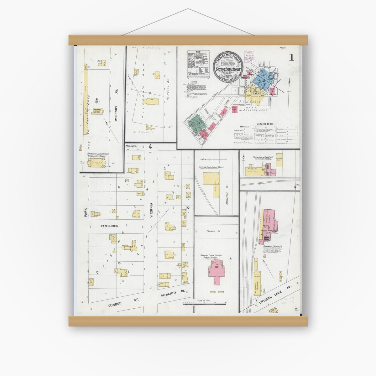 Old map wall art mockup — magnetic wood frame on white wall — Sanborn Fire Insurance Map from Crystal Lake, McHenry County, Illinois (1905), Sheet #0001