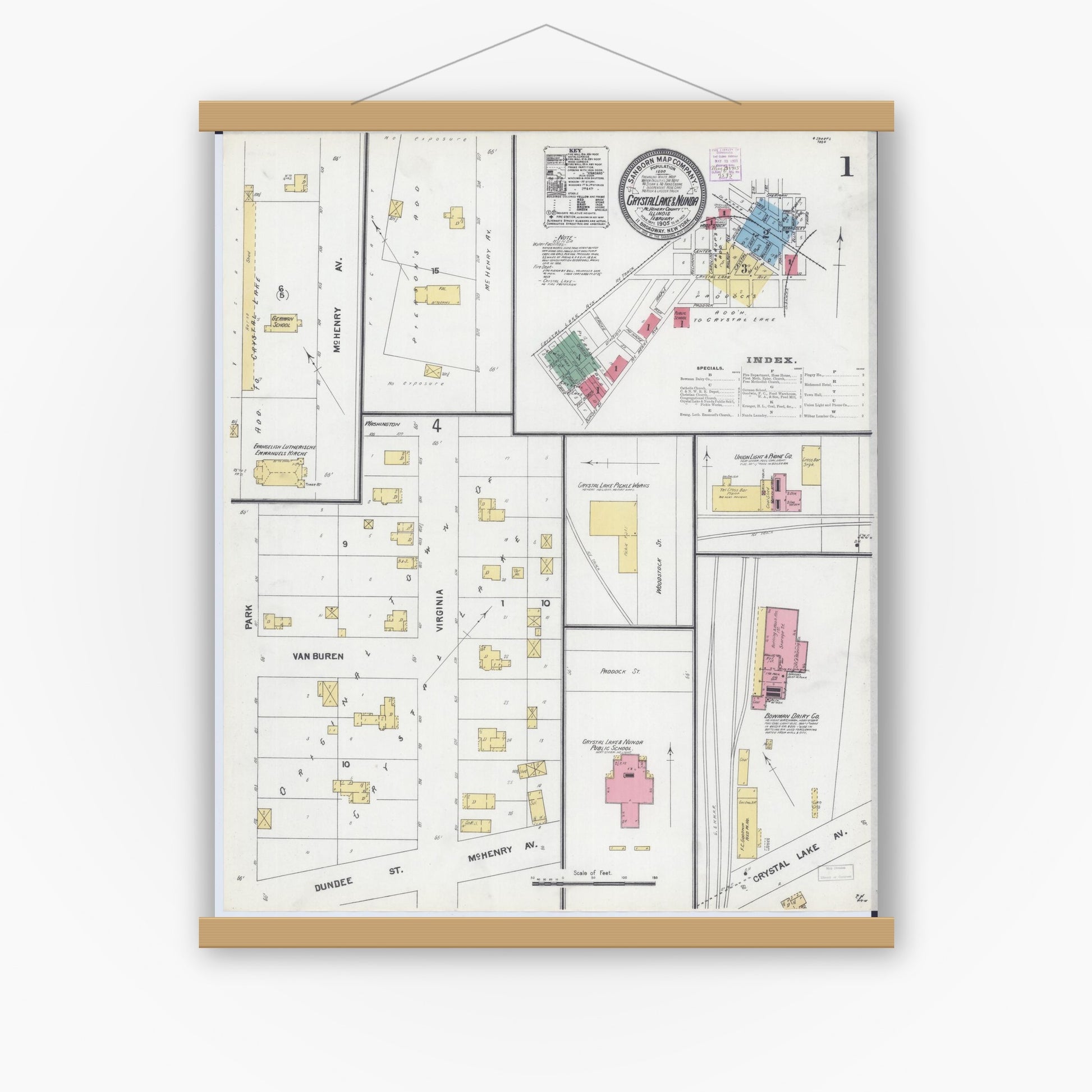 Old map wall art mockup — magnetic wood frame on white wall — Sanborn Fire Insurance Map from Crystal Lake, McHenry County, Illinois (1905), Sheet #0001