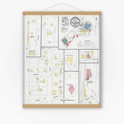 Old map wall art mockup — magnetic wood frame on white wall — Sanborn Fire Insurance Map from Crystal Lake, McHenry County, Illinois (1905), Sheet #0001