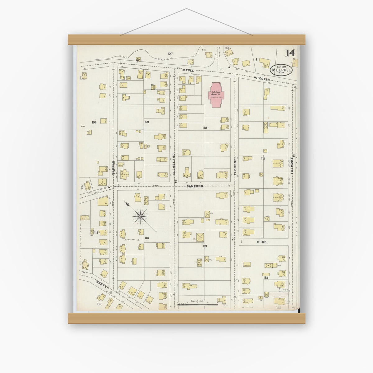 Old map wall art mockup — magnetic wood frame on white wall — Sanborn Fire Insurance Map from Melrose, Middlesex County, Massachusetts (1897), Sheet #0014