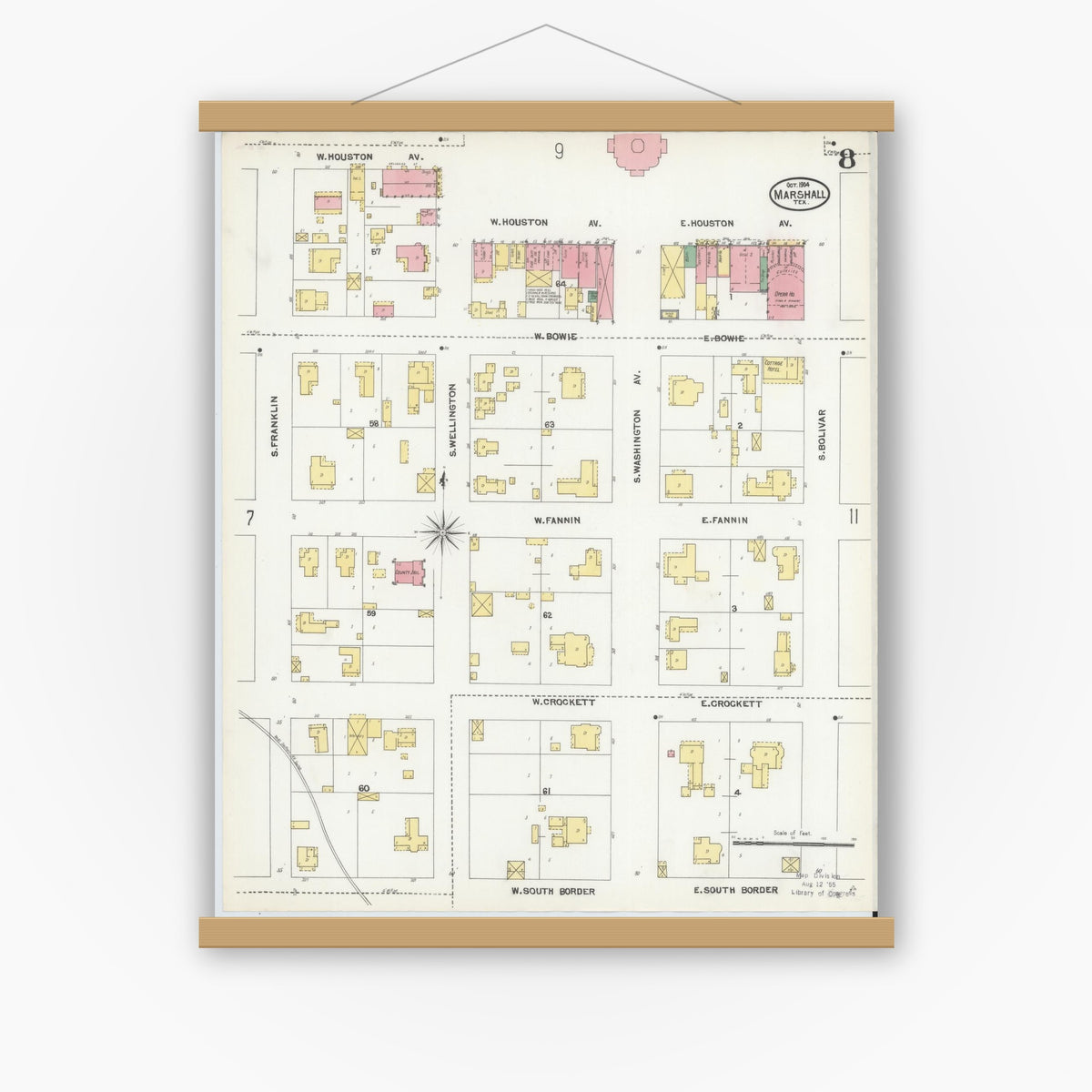 Old map wall art mockup — magnetic wood frame on white wall — Sanborn Fire Insurance Map from Marshall, Harrison County, Texas (1904), Sheet #0008