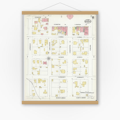 Old map wall art mockup — magnetic wood frame on white wall — Sanborn Fire Insurance Map from Marshall, Harrison County, Texas (1904), Sheet #0008