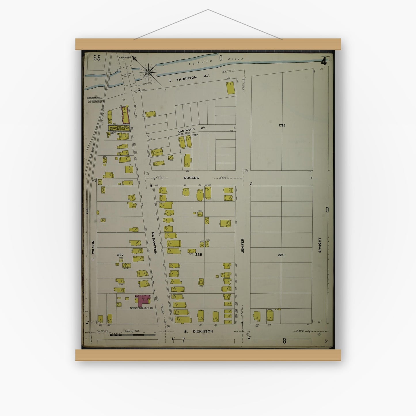 Old map wall art mockup — magnetic wood frame on white wall — Sanborn Fire Insurance Map from Madison, Dane County, Wisconsin (1908), Sheet #0004