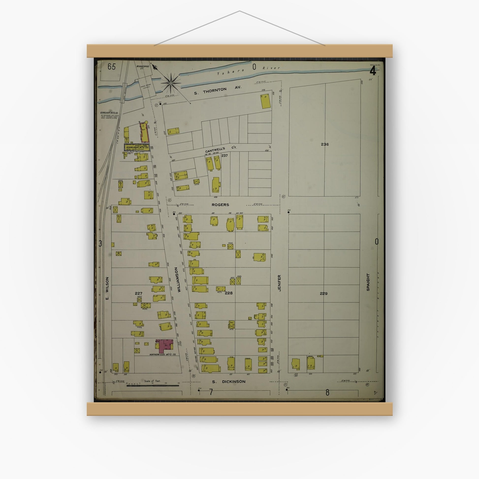 Old map wall art mockup — magnetic wood frame on white wall — Sanborn Fire Insurance Map from Madison, Dane County, Wisconsin (1908), Sheet #0004