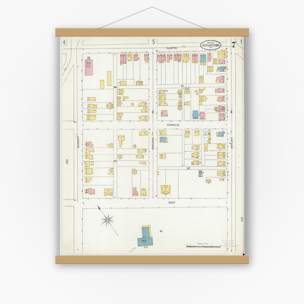 Old map wall art mockup — magnetic wood frame on white wall — Sanborn Fire Insurance Map from Doylestown, Bucks County, Pennsylvania (1904), Sheet #0007