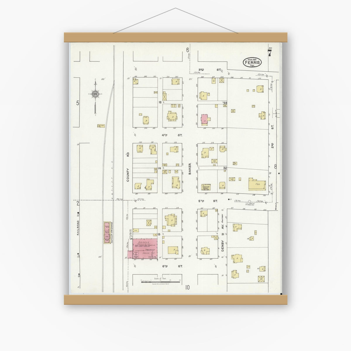 Old map wall art mockup — magnetic wood frame on white wall — Sanborn Fire Insurance Map from Ferris, Ellis County, Texas (1921), Sheet #0007
