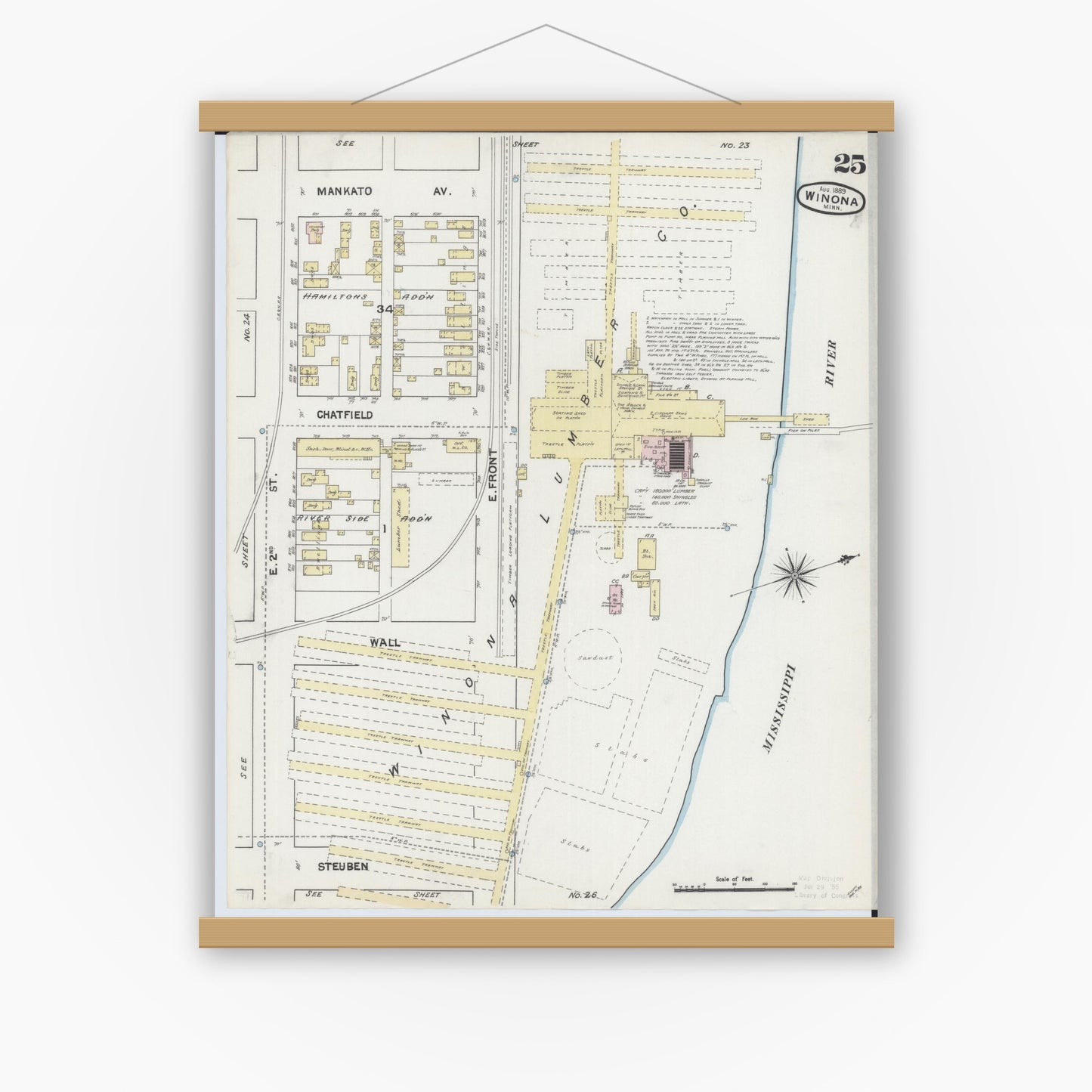 Old map wall art mockup — magnetic wood frame on white wall — Sanborn Fire Insurance Map from Winona, Winona County, Minnesota (1889), Sheet #0025