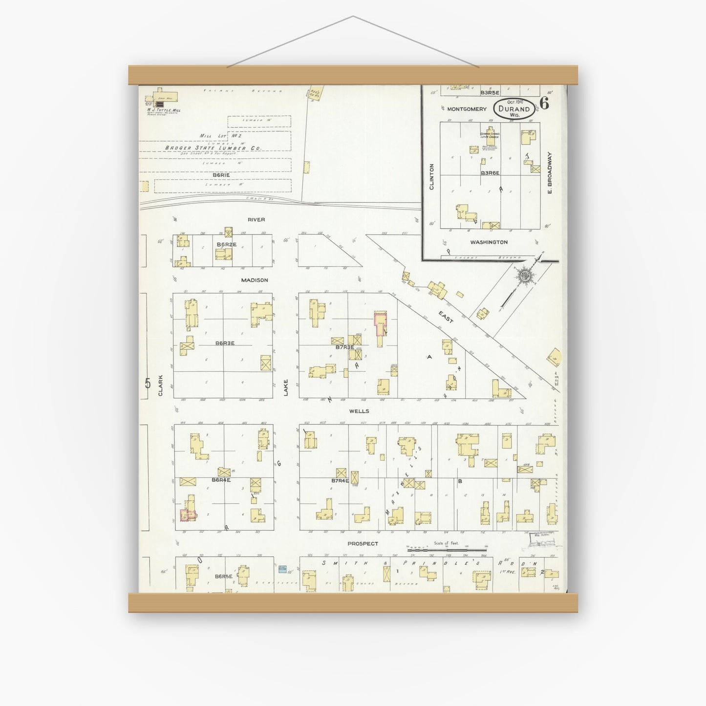 Old map wall art mockup — magnetic wood frame on white wall — Sanborn Fire Insurance Map from Durand, Pepin County, Wisconsin (1910), Sheet #0006