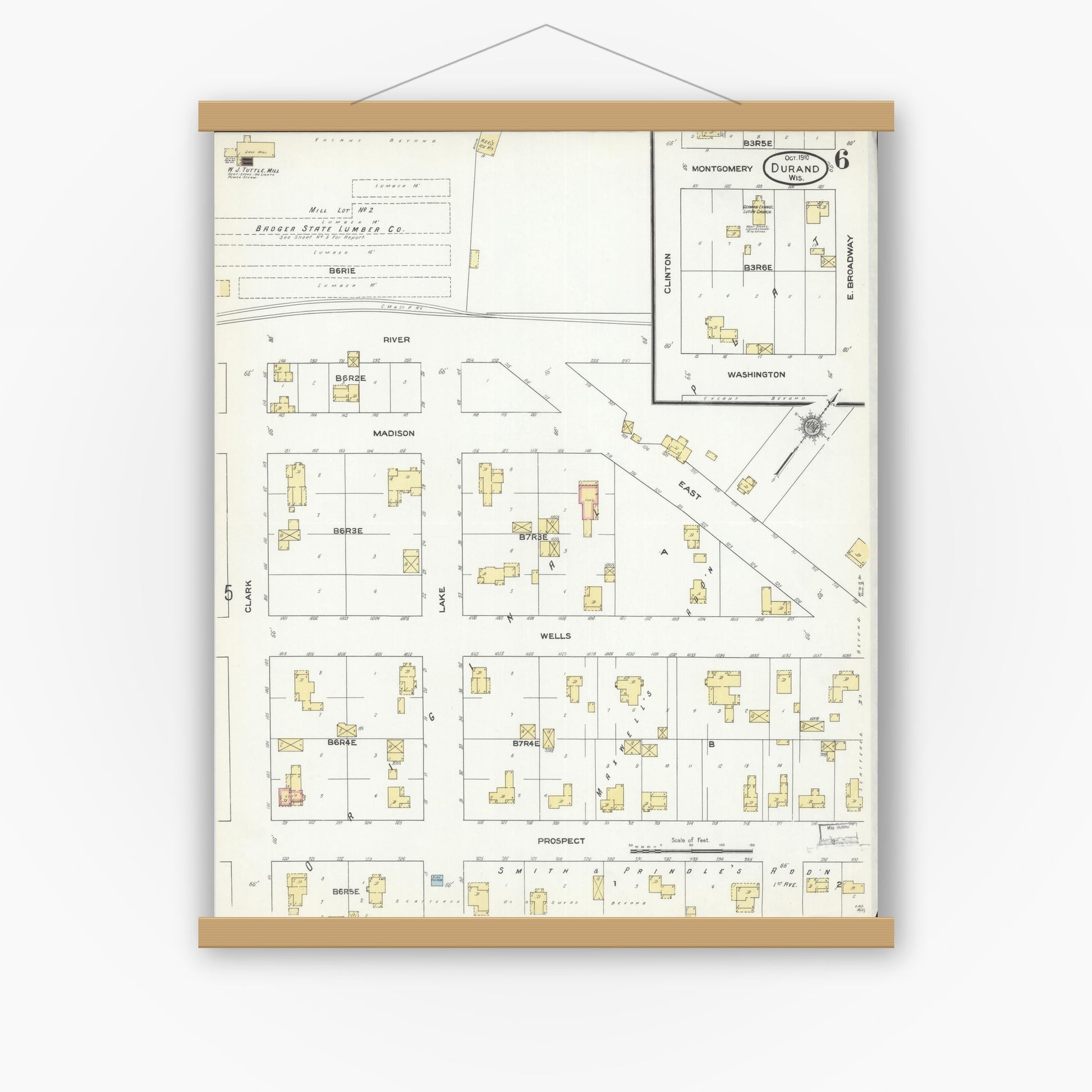 Old map wall art mockup — magnetic wood frame on white wall — Sanborn Fire Insurance Map from Durand, Pepin County, Wisconsin (1910), Sheet #0006