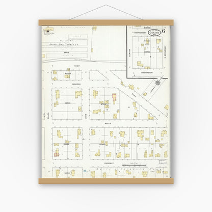 Old map wall art mockup — magnetic wood frame on white wall — Sanborn Fire Insurance Map from Durand, Pepin County, Wisconsin (1910), Sheet #0006