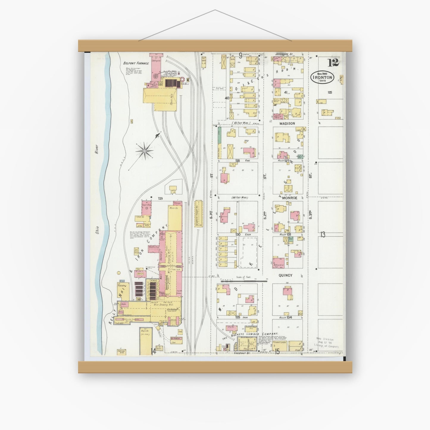 Old map wall art mockup — magnetic wood frame on white wall — Sanborn Fire Insurance Map from Ironton, Lawrence County, Ohio (1900), Sheet #0012