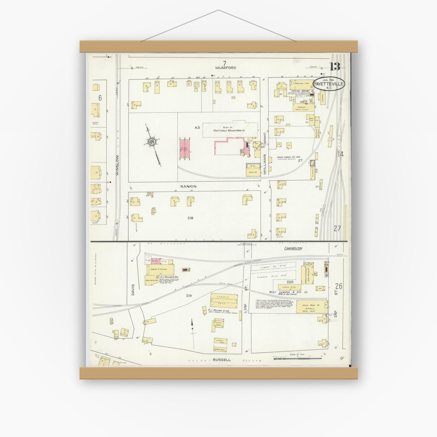 Old map wall art mockup — magnetic wood frame on white wall — Sanborn Fire Insurance Map from Fayetteville, Cumberland County, North Carolina (1914), Sheet #0013