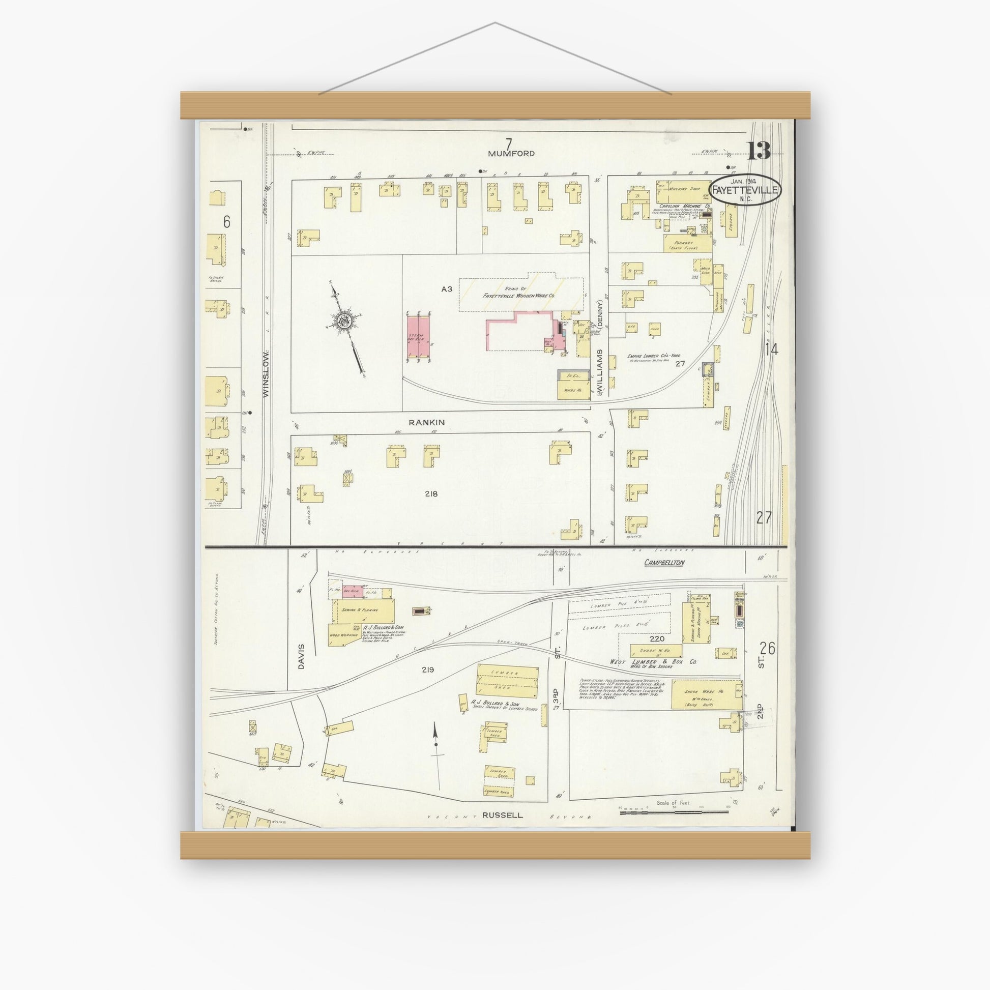 Old map wall art mockup — magnetic wood frame on white wall — Sanborn Fire Insurance Map from Fayetteville, Cumberland County, North Carolina (1914), Sheet #0013