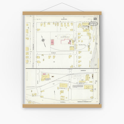 Old map wall art mockup — magnetic wood frame on white wall — Sanborn Fire Insurance Map from Fayetteville, Cumberland County, North Carolina (1914), Sheet #0013