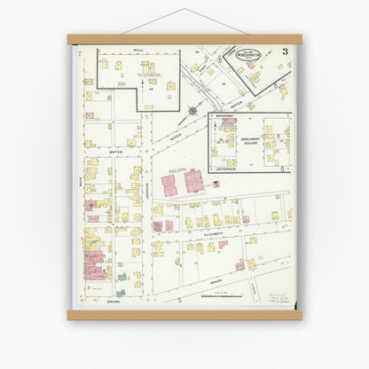 Old map wall art mockup — magnetic wood frame on white wall — Sanborn Fire Insurance Map from New Lexington, Perry County, Ohio (1909), Sheet #0003