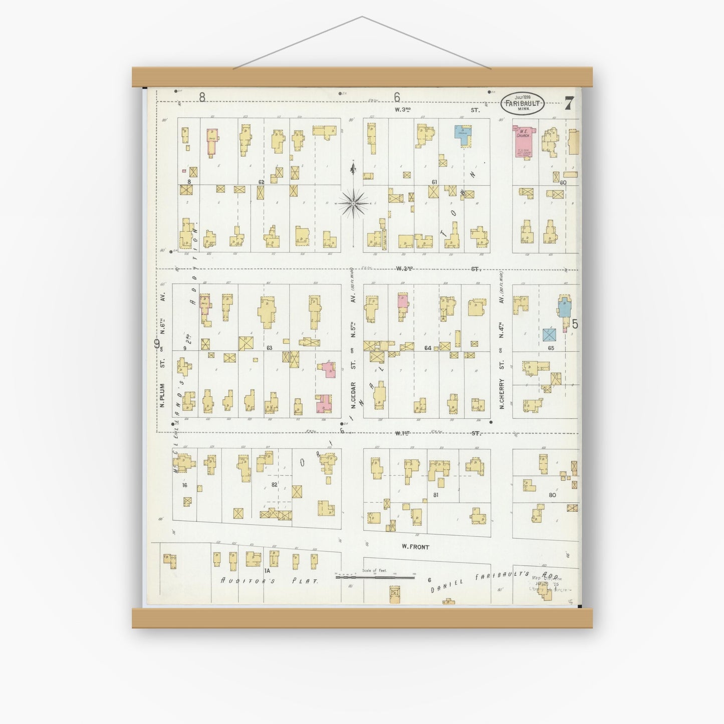 Old map wall art mockup — magnetic wood frame on white wall — Sanborn Fire Insurance Map from Faribault, Rice County, Minnesota (1899), Sheet #0007