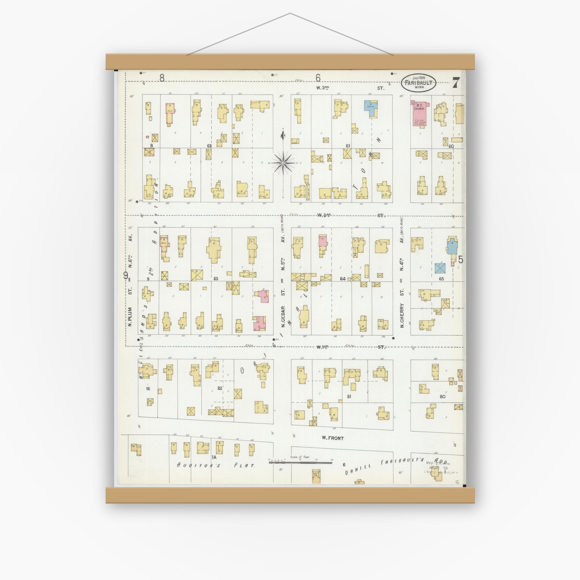 Old map wall art mockup — magnetic wood frame on white wall — Sanborn Fire Insurance Map from Faribault, Rice County, Minnesota (1899), Sheet #0007