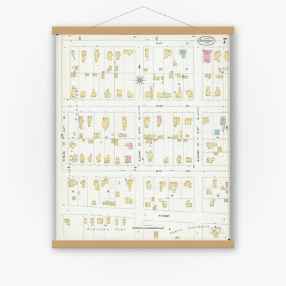 Old map wall art mockup — magnetic wood frame on white wall — Sanborn Fire Insurance Map from Faribault, Rice County, Minnesota (1899), Sheet #0007