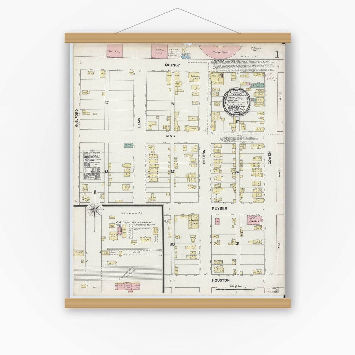 Old map wall art mockup — magnetic wood frame on white wall — Sanborn Fire Insurance Map from Garrett, De Kalb County, Indiana (1890), Sheet #0001