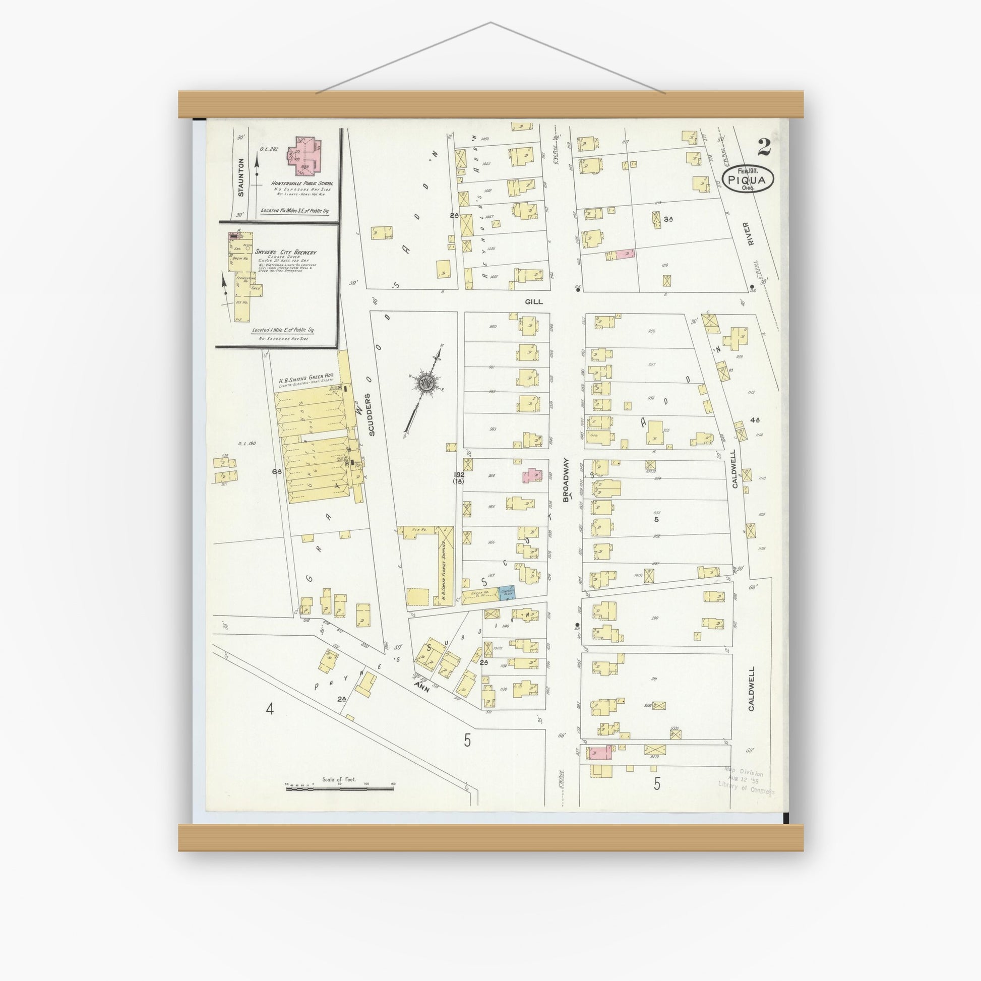 Old map wall art mockup — magnetic wood frame on white wall — Sanborn Fire Insurance Map from Piqua, Miami County, Ohio (1911), Sheet #0002