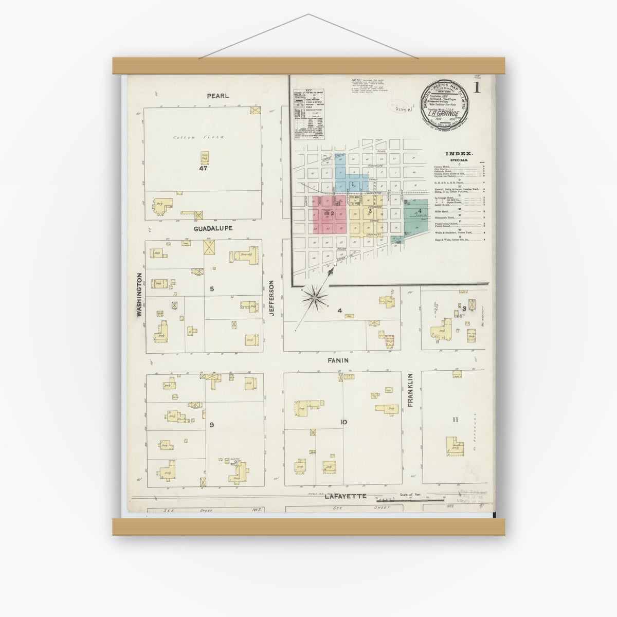 Old map wall art mockup — magnetic wood frame on white wall — Sanborn Fire Insurance Map from La Grange, Fayette County, Texas (1890), Sheet #0001