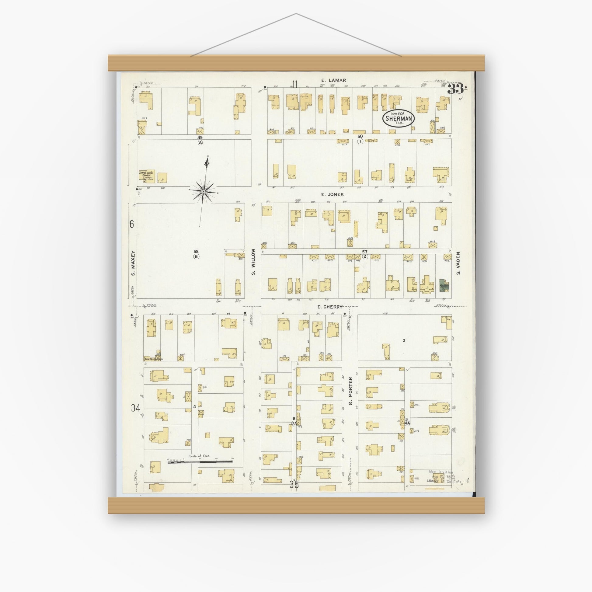 Old map wall art mockup — magnetic wood frame on white wall — Sanborn Fire Insurance Map from Sherman, Grayson County, Texas (1908), Sheet #0033